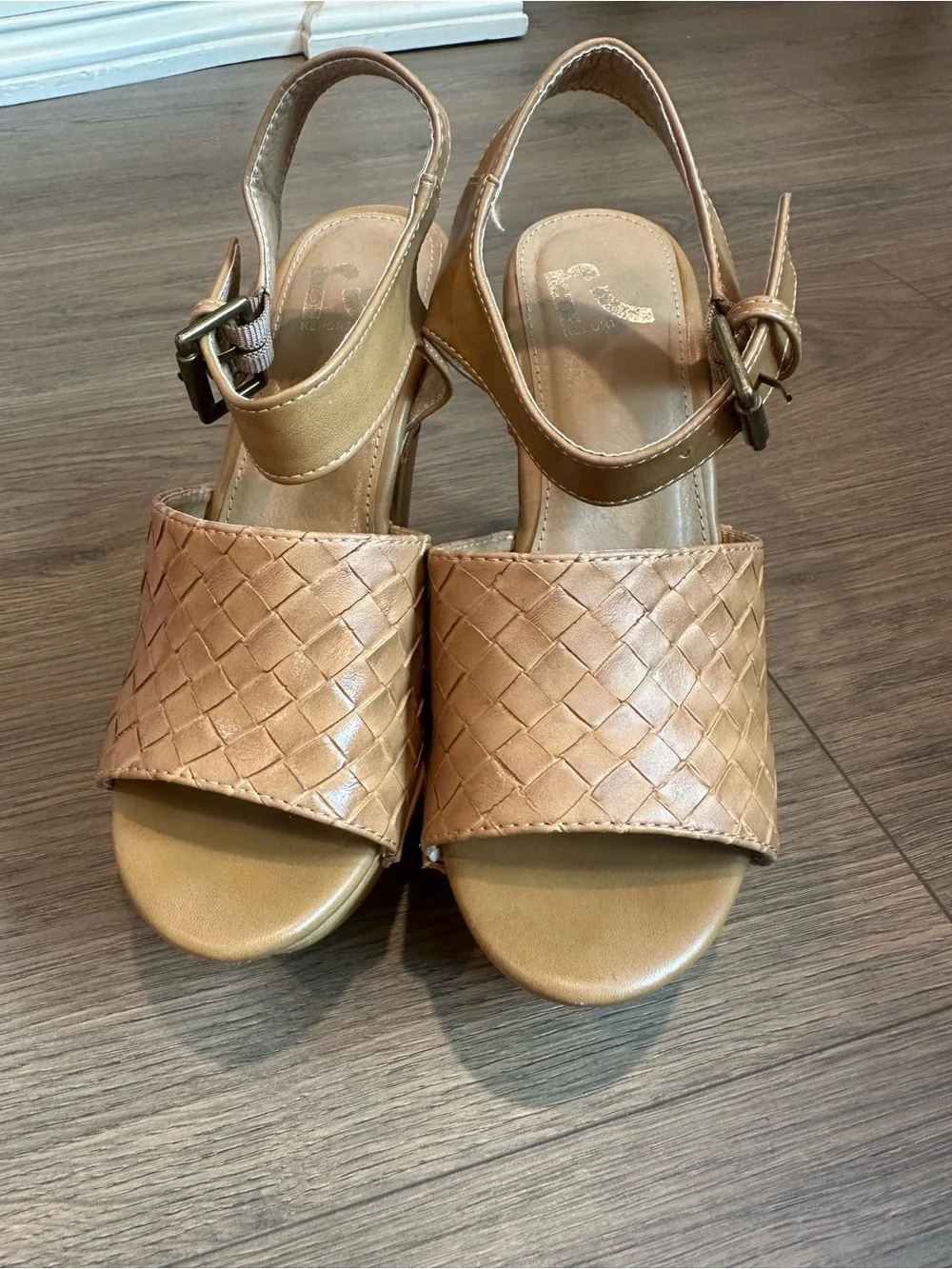 Report Tan Platform Clog Wedges with Stud Accents